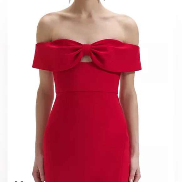 Self-Portrait Red Crepe Bow Midi Dress Size 8 NWT Off-Shoulder Side Slit - Picture 13 of 14